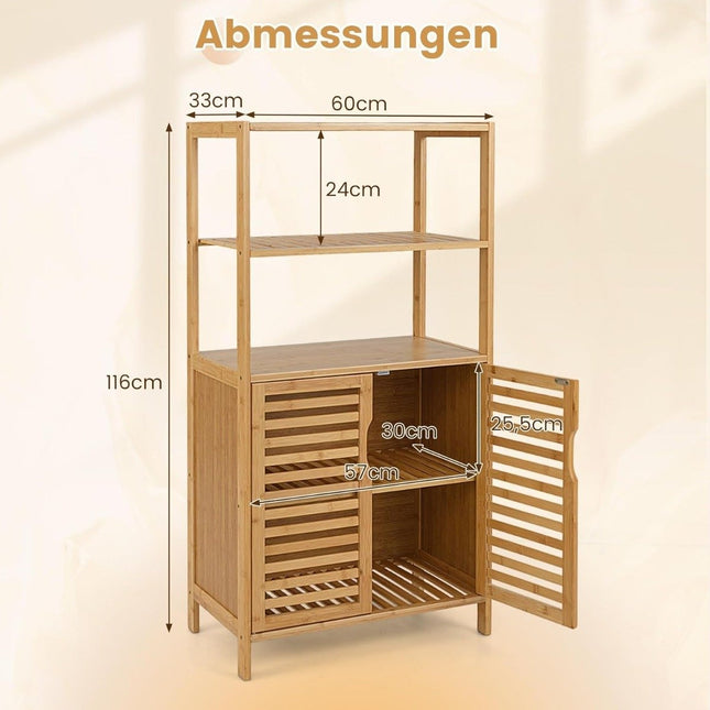 Bamboo Bookshelf with Doors, 4-Tier, 60x33x116 cm