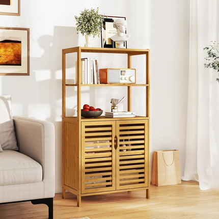 Bamboo Bookshelf with Doors, 4-Tier, 60x33x116 cm