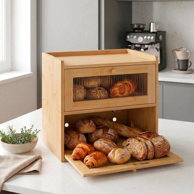 Bamboo Bread Bin, 2-Tier With Viewing Window