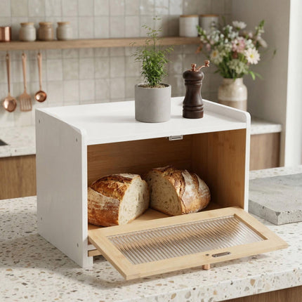 Bamboo Bread Bin With Cutting Board, Large Window