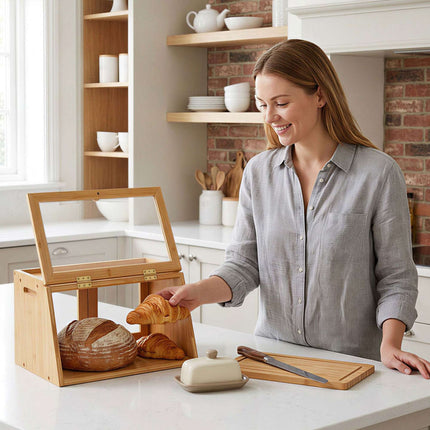 Bamboo Bread Bin with Viewing Window and Top Shelf, Natural