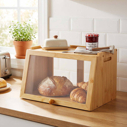 Bamboo Bread Bin with Viewing Window and Top Shelf, Natural