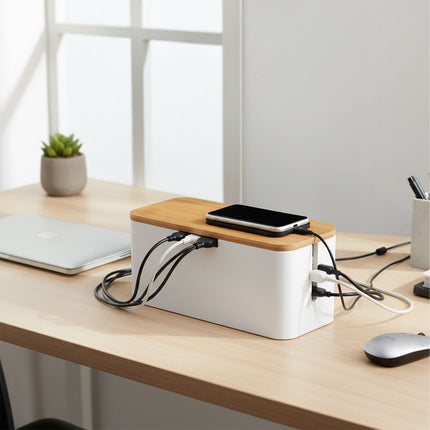Bamboo Cable Box – Holds 6-Way Power Strip, Magnetic Lid