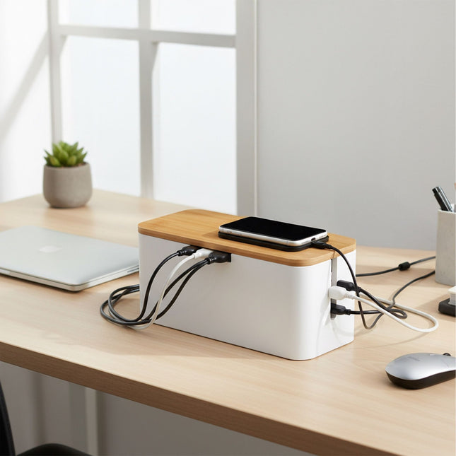 Bamboo Cable Box – Holds 6-Way Power Strip, Magnetic Lid