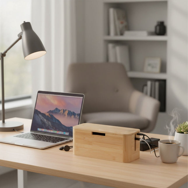 Bamboo Cable Box with Magnetic Lid – Fits 6-Socket Lead