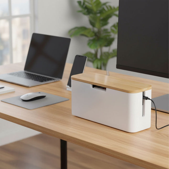 Bamboo Cable Box with Magnetic Lid, Fits 6-Socket Lead