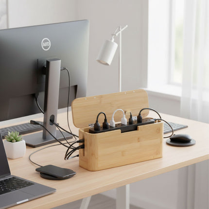 Bamboo Cable Box with Magnetic Lid – Fits 6-Socket Lead