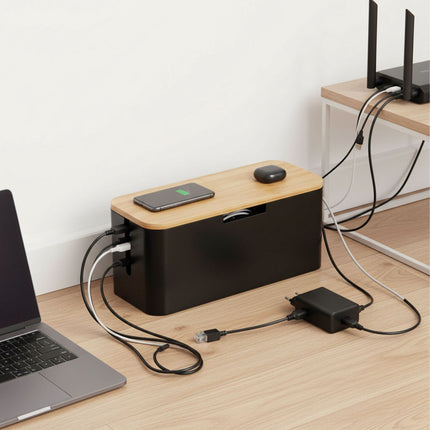 Bamboo Cable Box with Magnetic Lid, Fits 6-Socket Strip