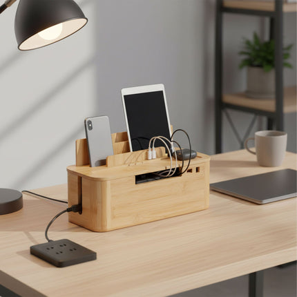 Bamboo Cable Box with Phone Holder – Organize & Charge