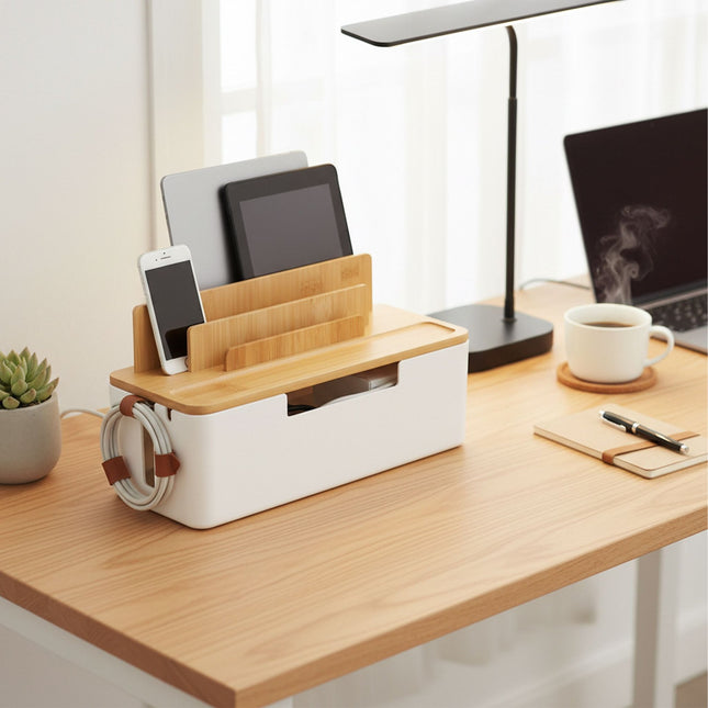 Bamboo Cable Organizer Box with Phone & Tablet Holders