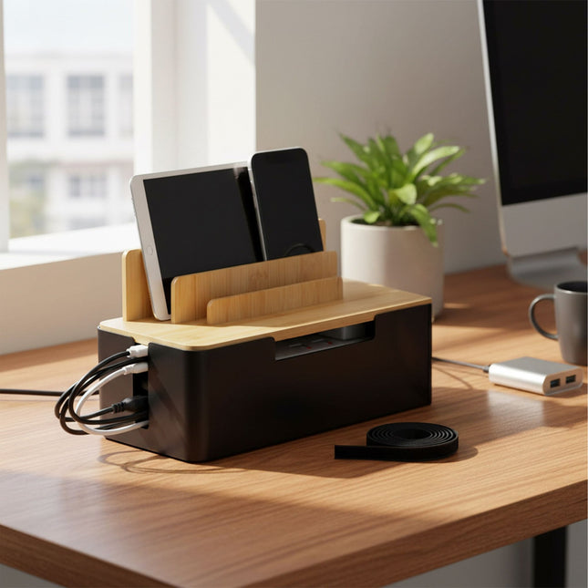 Bamboo Cable Organizer Box with Phone & Tablet Holders