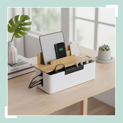 Bamboo Cable Organizer Box with Phone & Tablet Holders