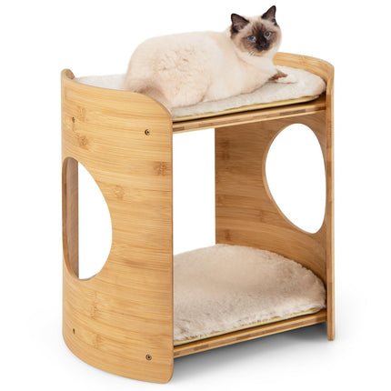 Bamboo Cat Bed with Removable Plush Mats, 2 Levels
