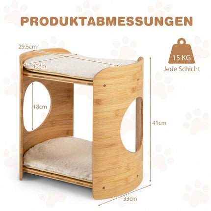 Bamboo Cat Bed with Removable Plush Mats, 2 Levels
