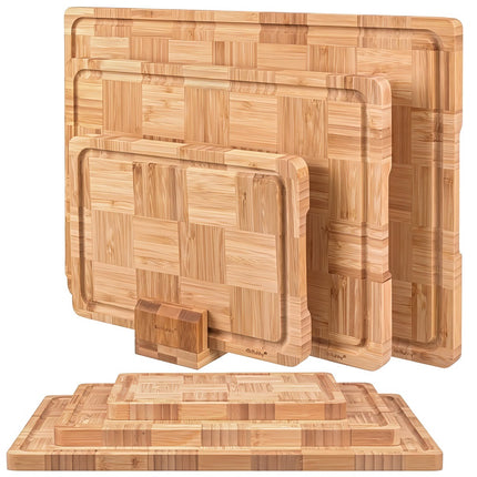Bamboo Chopping Board Set of 3 with Juice Grooves and Stand, 1.75 cm Thick