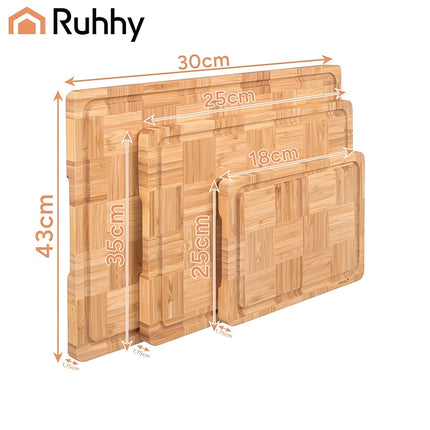 Bamboo Chopping Board Set of 3 with Juice Grooves and Stand, 1.75 cm Thick