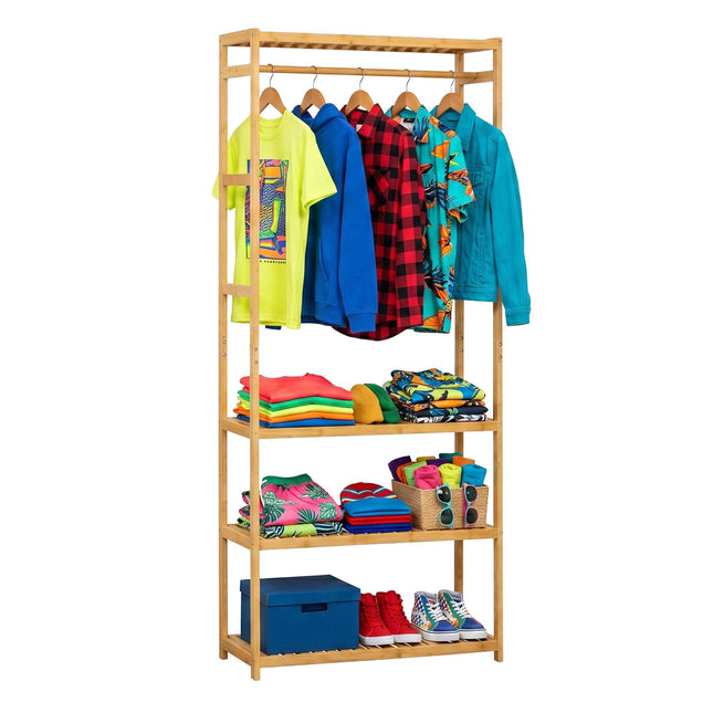 Bamboo Clothes Rack with 4 Shelves, Natural Finish