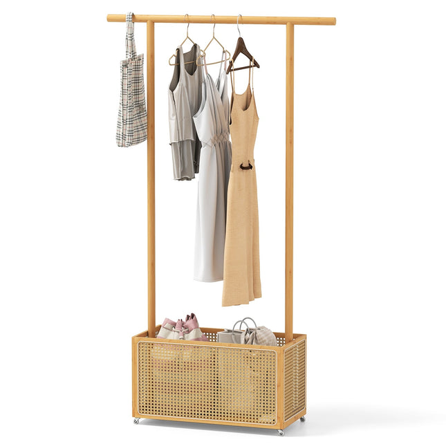 Bamboo Clothes Rack with Rattan Basket & Wheels, 100x32.5x172 cm