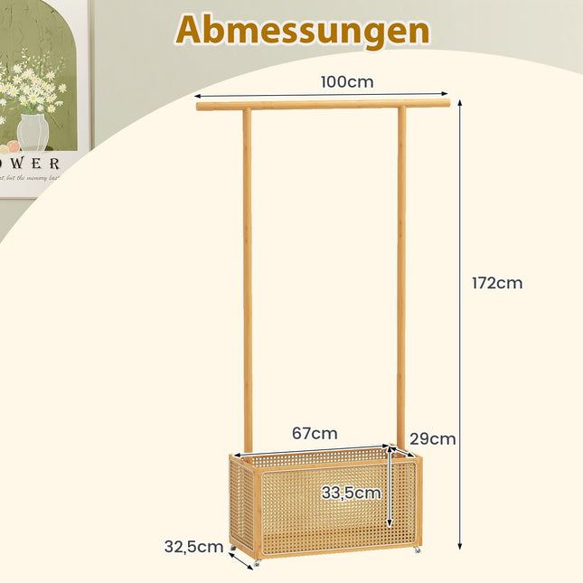 Bamboo Clothes Rack with Rattan Basket & Wheels, 100x32.5x172 cm