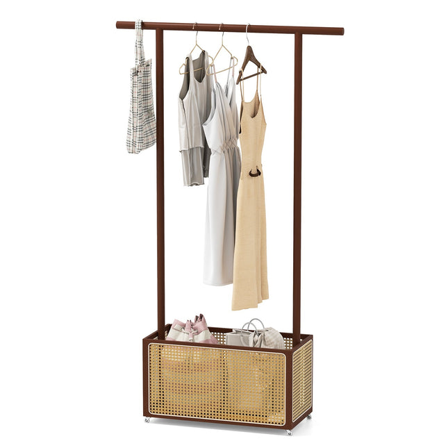 Bamboo Clothes Rack with Rattan Basket & Wheels, Brown