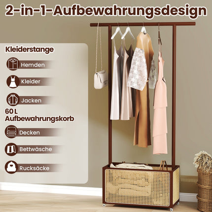 Bamboo Clothes Rack with Rattan Basket & Wheels, Brown