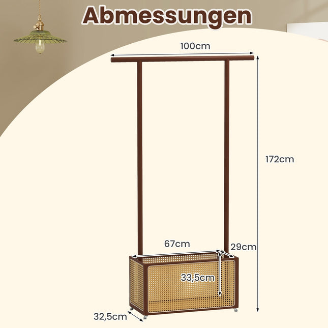 Bamboo Clothes Rack with Rattan Basket & Wheels, Brown
