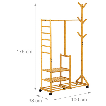 Bamboo Clothes Rack with Shelves and Castors, Natural
