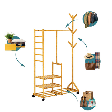 Bamboo Clothes Rack with Shelves and Castors, Natural
