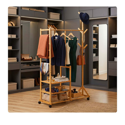Bamboo Clothes Rack with Shelves and Castors, Natural