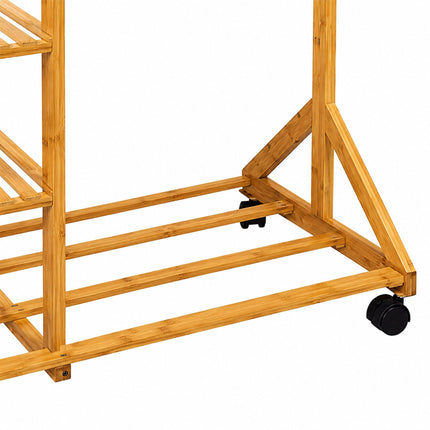 Bamboo Clothes Rack with Shelves and Castors, Natural