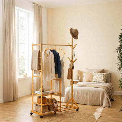 Bamboo Clothes Rack with Shelves and Castors, Natural