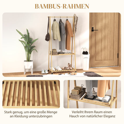 Bamboo Clothes Rack with Wheels, 112cm Hanging Height