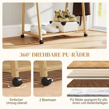 Bamboo Clothes Rack with Wheels, 112cm Hanging Height