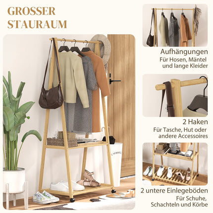 Bamboo Clothes Rack with Wheels, 112cm Hanging Height