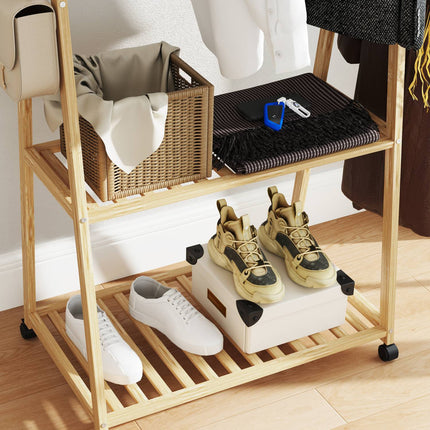 Bamboo Clothes Rack with Wheels, 112cm Hanging Height