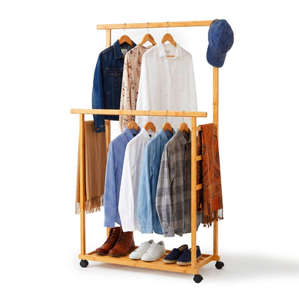 Bamboo Clothes Rack with Wheels, 2 Rails, Natural Finish