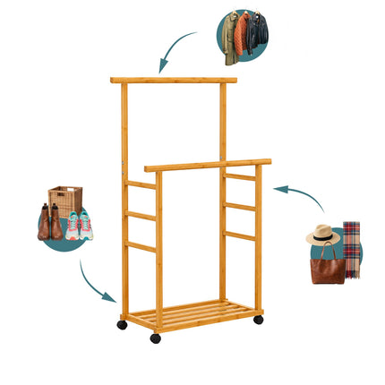 Bamboo Clothes Rack with Wheels, 2 Rails, Natural Finish