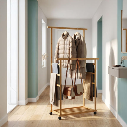 Bamboo Clothes Rack with Wheels, 2 Rails, Natural Finish