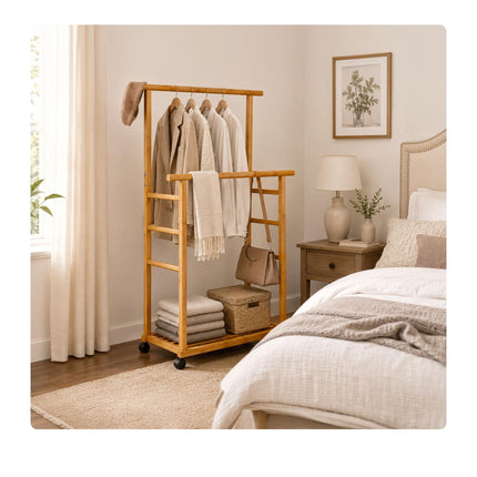 Bamboo Clothes Rack with Wheels, 2 Rails, Natural Finish