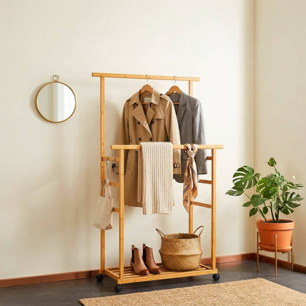 Bamboo Clothes Rack with Wheels, 2 Rails, Natural Finish