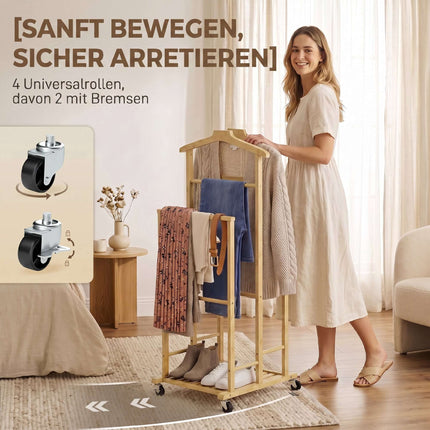 Bamboo Clothes Rack with Wheels, Compact Oak Finish