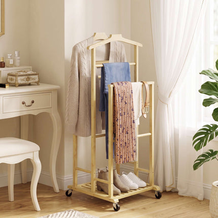 Bamboo Clothes Rack with Wheels, Compact Oak Finish