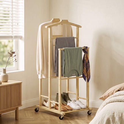 Bamboo Clothes Rack with Wheels, Compact Oak Finish