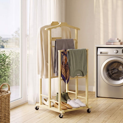 Bamboo Clothes Rack with Wheels, Compact Oak Finish