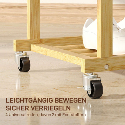 Bamboo Clothes Rack with Wheels, Dual Rods, Shoe Shelf