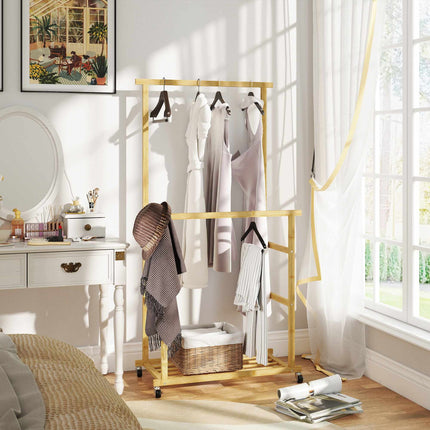 Bamboo Clothes Rack with Wheels, Dual Rods, Shoe Shelf