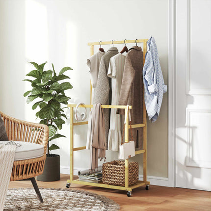Bamboo Clothes Rack with Wheels, Dual Rods, Shoe Shelf
