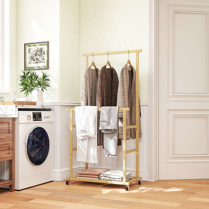 Bamboo Clothes Rack with Wheels, Dual Rods, Shoe Shelf