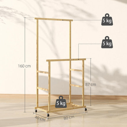 Bamboo Clothes Rack with Wheels, Dual Rods, Shoe Shelf