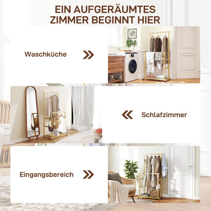 Bamboo Clothes Rack with Wheels, Dual Rods, Shoe Shelf